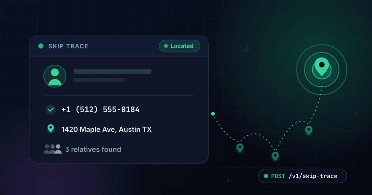 1Lookup skip trace API locating a person with current phone, address and relatives from a single input